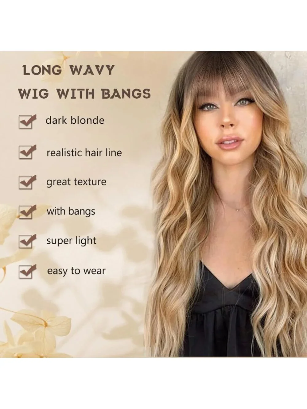 Women's Dark Blonde 26 Inch Natural Looking Heat Resistant Synthetic Wigs Bangs